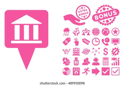 Bank Building Pointer pictograph with bonus icon set. Vector illustration style is flat iconic symbols, pink color, white background.