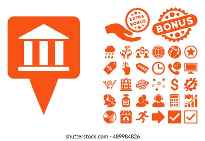 Bank Building Pointer pictograph with bonus images. Vector illustration style is flat iconic symbols, orange color, white background.