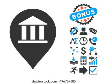 Bank Building Pointer pictograph with bonus pictures. Vector illustration style is flat iconic bicolor symbols, blue and gray colors, white background.