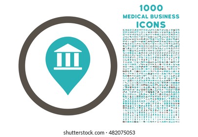 Bank Building Pointer rounded vector bicolor icon with 1000 medical business icons. Set style is flat pictograms, grey and cyan colors, white background.