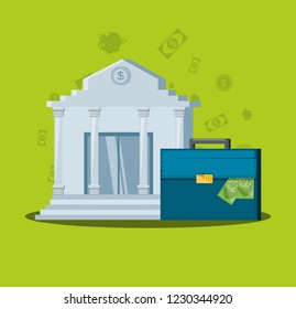 bank building with portfolio suitcase