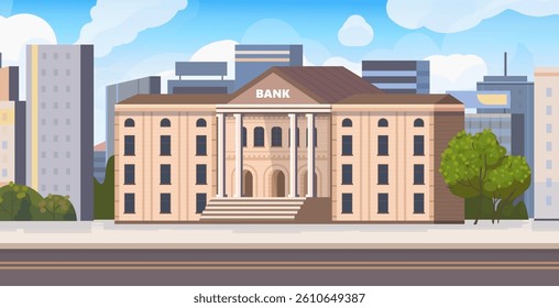 A bank building positioned in the heart of the city, with tall modern skyscrapers in the background. A court or government building. Vector illustration. Not AI generated