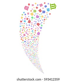 Bank Building random fireworks stream. Vector illustration style is flat bright multicolored iconic symbols on a white background. Object fountain combined from scattered icons.