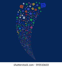 Bank Building random fireworks stream. Vector illustration style is flat bright multicolored iconic symbols on a blue background. Object fountain organized from scattered pictograms.
