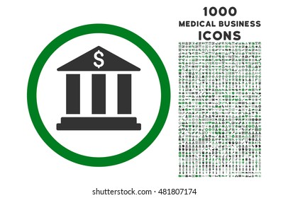 Bank Building rounded vector bicolor icon with 1000 medical business icons. Set style is flat pictograms, green and gray colors, white background.