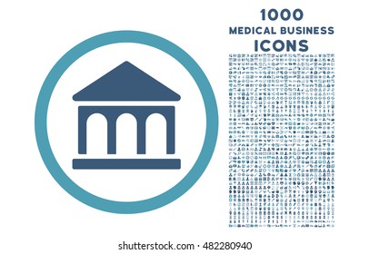 Bank Building rounded vector bicolor icon with 1000 medical business icons. Set style is flat pictograms, cyan and blue colors, white background.