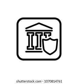 Bank building with shield linear vector icon. Finance control and defense thin line illustration.
