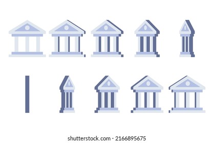 Construcción de banco simple icono plano girando. Hoja de patrón vectorial aislada en fondo blanco. Finanzas, banca, negocios, inversión, ahorro de dinero, concepto de economía. Adecuado para la animación 
