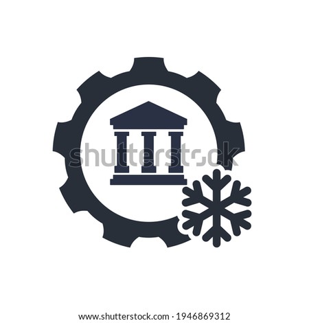 Bank building and snowflake. Frozen accounts, deposits. Vector icon isolated on white background.