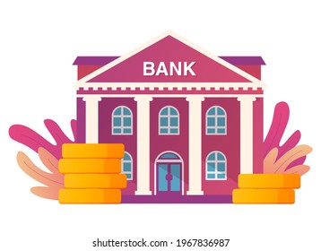 Bank building with stacks of gold coins.Business building icon.Administrative city building with columns.Banking and finance  for website.Vector flat illustration.