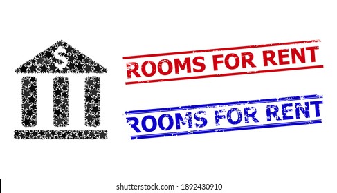 Bank building star mosaic and grunge Rooms for Rent seal stamps. Red and blue watermarks with grunge surface and Rooms for Rent phrase.