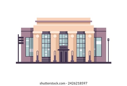 Calle del edificio del banco con horizontes de la ciudad detrás del fondo, ilustración vectorial de icono de diseño plano