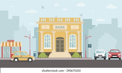 Bank building street with city skylines behind background. Flat vector illustration.