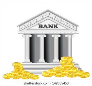 bank building surrounded by large gold coins