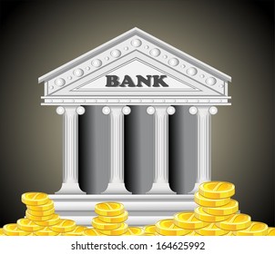 bank building surrounded by large gold coins