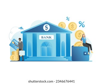 Bank building and tiny people, users. Successful transactions, money transfer to wallet. Vector, business man with credit, debit card in internet banking manages finances, account. Cashback percentage