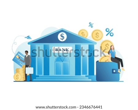 Bank building and tiny people, users. Successful transactions, money transfer to wallet. Vector, business man with credit, debit card in internet banking manages finances, account. Cashback percentage