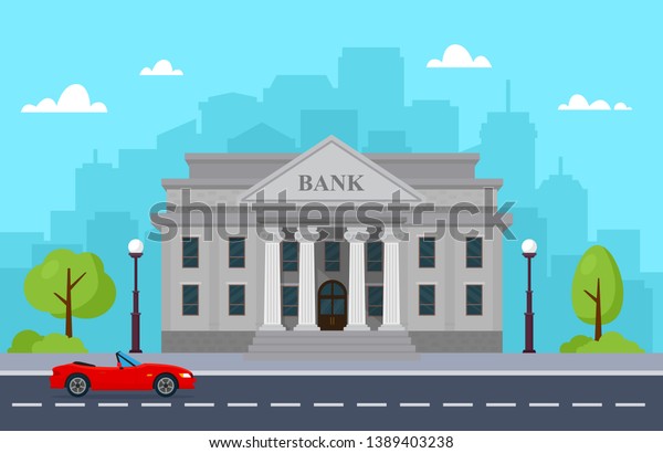 Bank building with Urban landscapes and\
buildings, skyscrapers, banks, universities. Traffic on the road.\
Vector illustration.