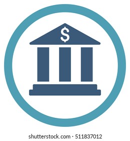 Bank Building vector bicolor rounded icon. Image style is a flat icon symbol inside a circle, cyan and blue colors, white background.