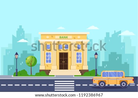 Bank building, vector flat illustration. Banking and financial service. City street, urban landscape background.