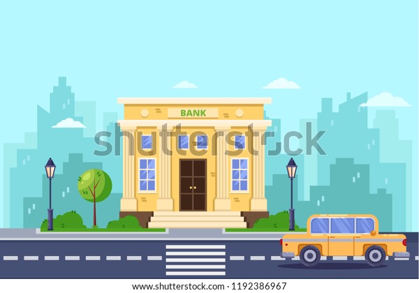 銀行ビル ベクターフラットイラスト 銀行 金融サービス都市の風景の背景に市街 のベクター画像素材 ロイヤリティフリー