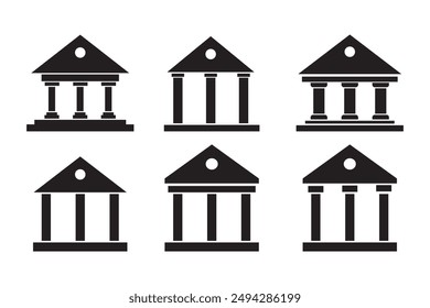 Bankgebäude Vektorgrafik-Ikone Silhouette-Set, Bank Government Courthouse Architecture simple land mark. museum, Universitäts-Ikone, Akademisches Institut Universitäts-Stock-Vektorgrafik,