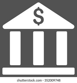 Bank Building vector icon. Style is flat symbol, white color, rounded angles, gray background.
