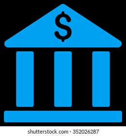 Bank Building vector icon. Style is flat symbol, blue color, rounded angles, black background.