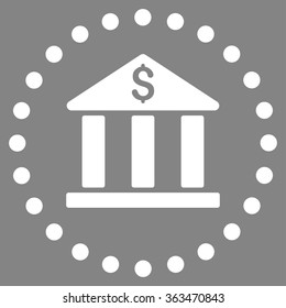 Bank Building vector icon. Style is flat circled symbol, white color, rounded angles, gray background.