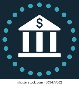 Bank Building vector icon. Style is bicolor flat circled symbol, blue and white colors, rounded angles, dark blue background.