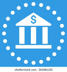 Bank Building vector icon. Style is flat circled symbol, white color, rounded angles, blue background.