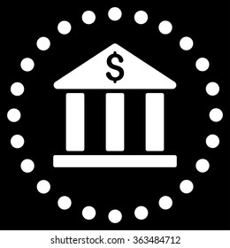 Bank Building vector icon. Style is flat circled symbol, white color, rounded angles, black background.