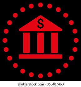 Bank Building vector icon. Style is flat circled symbol, red color, rounded angles, black background.