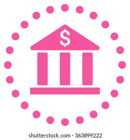 Bank Building vector icon. Style is flat circled symbol, pink color, rounded angles, white background.