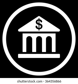 Bank Building vector icon. Style is flat circled symbol, white color, rounded angles, black background.