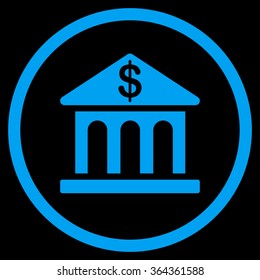 Bank Building vector icon. Style is flat circled symbol, blue color, rounded angles, black background.