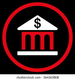 Bank Building vector icon. Style is bicolor flat circled symbol, red and white colors, rounded angles, black background.