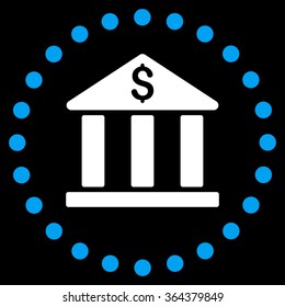 Bank Building vector icon. Style is bicolor flat circled symbol, blue and white colors, rounded angles, black background.