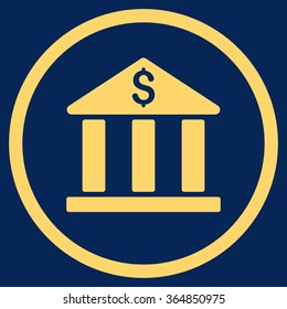 Bank Building vector icon. Style is flat circled symbol, yellow color, rounded angles, blue background.