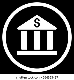 Bank Building vector icon. Style is flat circled symbol, white color, rounded angles, black background.