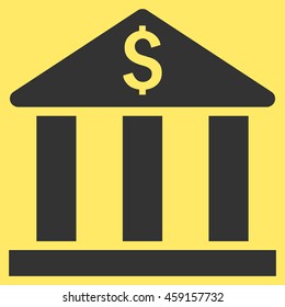Bank Building vector icon. Style is flat symbol, white color, yellow background.