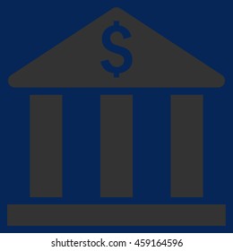 Bank Building vector icon. Style is flat symbol, yellow color, blue background.