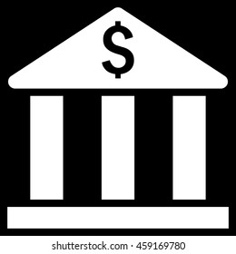 Bank Building vector icon. Style is flat symbol, white color, black background.