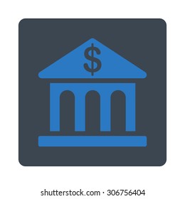 Bank Building vector icon. This flat rounded square button uses smooth blue colors and isolated on a white background.