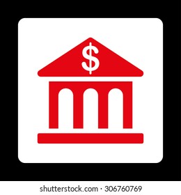 Bank Building vector icon. This flat rounded square button uses red and white colors and isolated on a black background.
