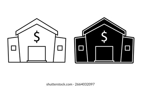 Iconos del vector de la construcción del banco con el símbolo del dólar. Arte lineal y estilos de glifos sólidos para conceptos de finanzas y negocios.
