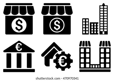 Bank Building vector icons. Pictogram style is black flat icons with rounded angles on a white background.