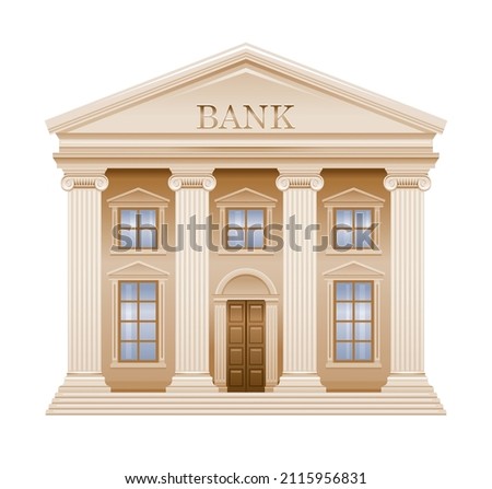 Bank Building vector illustration. Flat financial house exterior. Cartoon Money office isolated icon. Federal government courthouse finance institution building. Public bank column house exterior