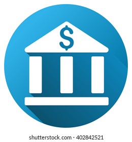 Bank Building vector toolbar icon for software design. Style is a white symbol on a round blue circle with gradient shadow.