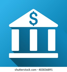 Bank Building vector toolbar icon for software design. Style is a white symbol on a square blue background with gradient long shadow.